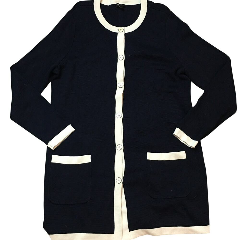 NWT Talbots Long Black Cream Contrast trim Cardigan Button up Front Pocket L